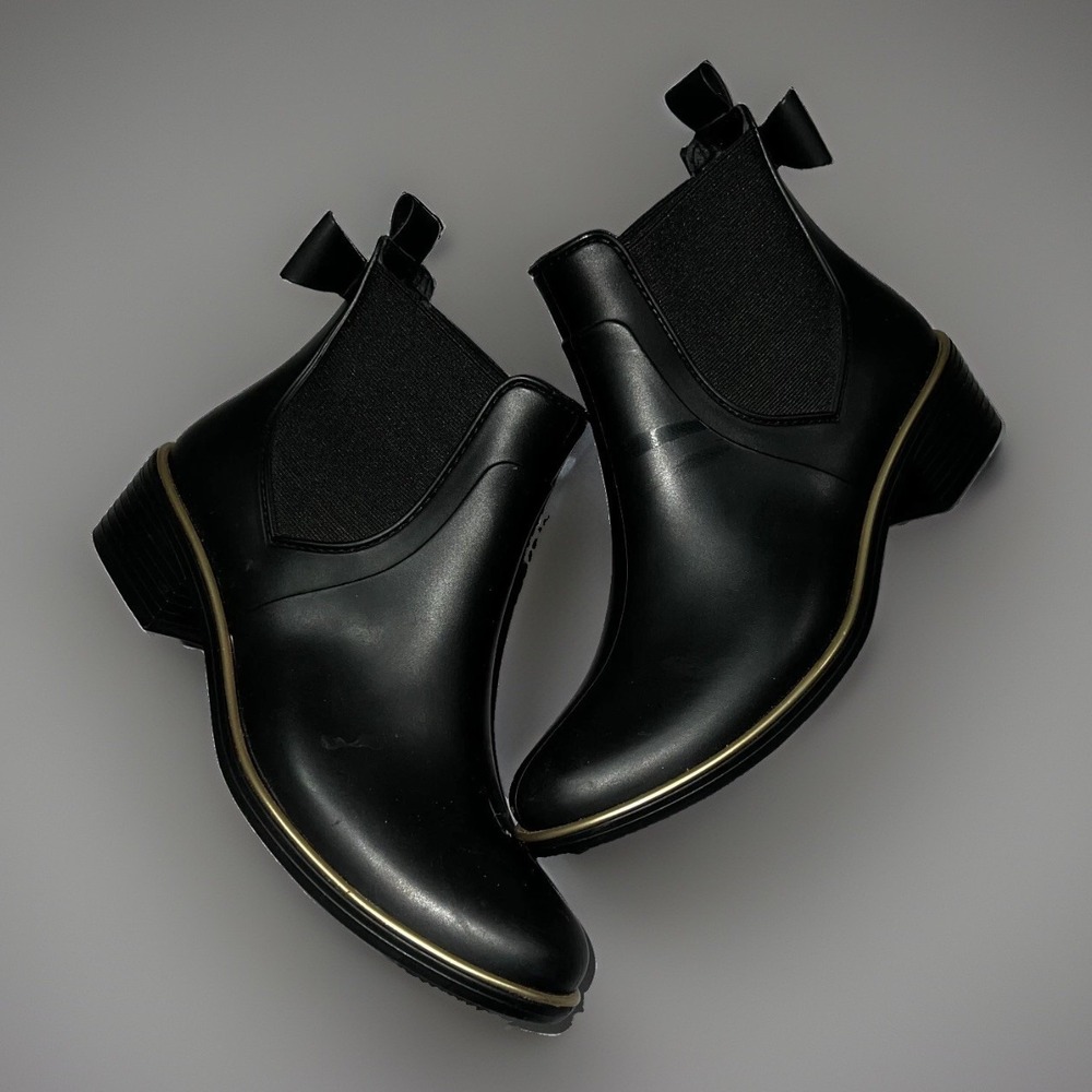 Kate Spade Womens Black Gold Round Toe Ankle Rain Chelsea Boots Bow Size 6